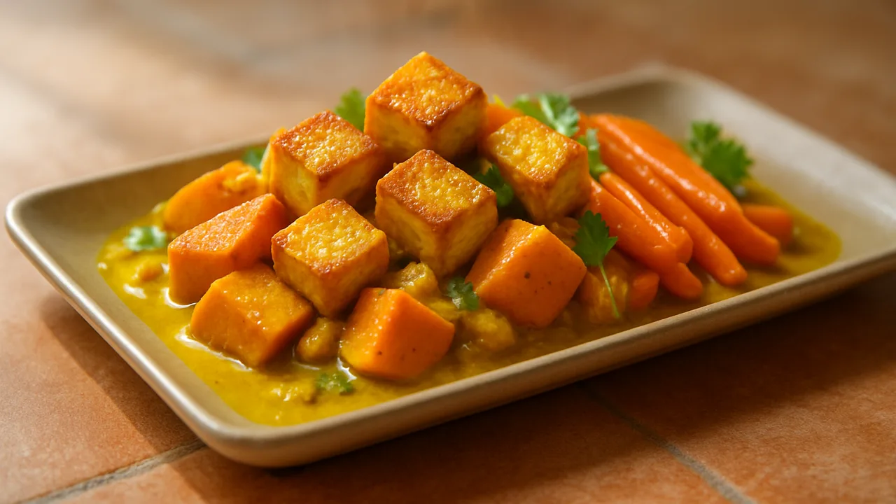 Curry-Tofu-Ingwer-Schale aus dem Airfryer mit Tofu und Süßkartoffel, auf Terracotta-Fliesen angerichtet.