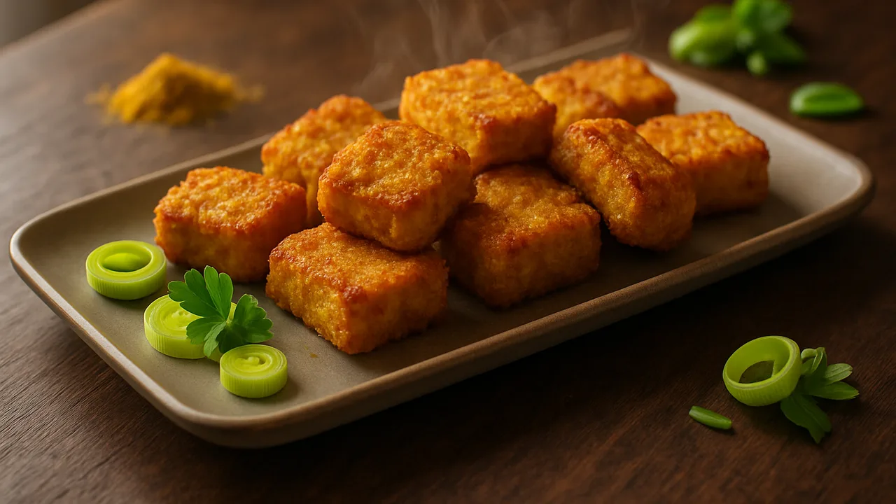 Curry-Tofu Nuggets mit Lauch aus dem Airfryer mit Tofu und Ei, auf dunklem Walnussholz angerichtet.