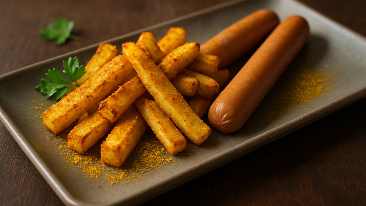 Curry-Wiener Würstchen mit Pastinake aus dem Airfryer mit Wiener Würstchen und Pastinake, auf dunklem Walnussholz …