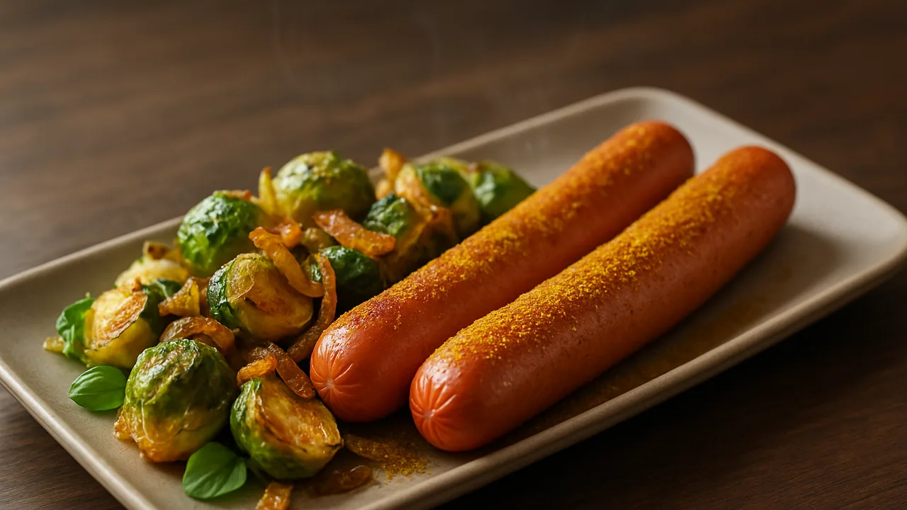 Curry-Wiener Würstchen mit Rosenkohl aus dem Airfryer mit Wiener Würstchen und Rosenkohl, auf dunklem Walnussholz …