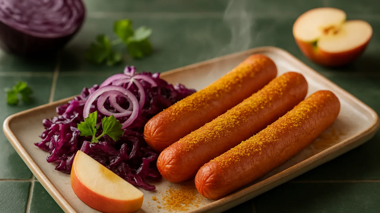 Curry-Wiener Würstchen mit Rotkohl aus dem Airfryer mit Rotkohl und Zwiebel, auf dunkelgrünen Fliesen angerichtet.