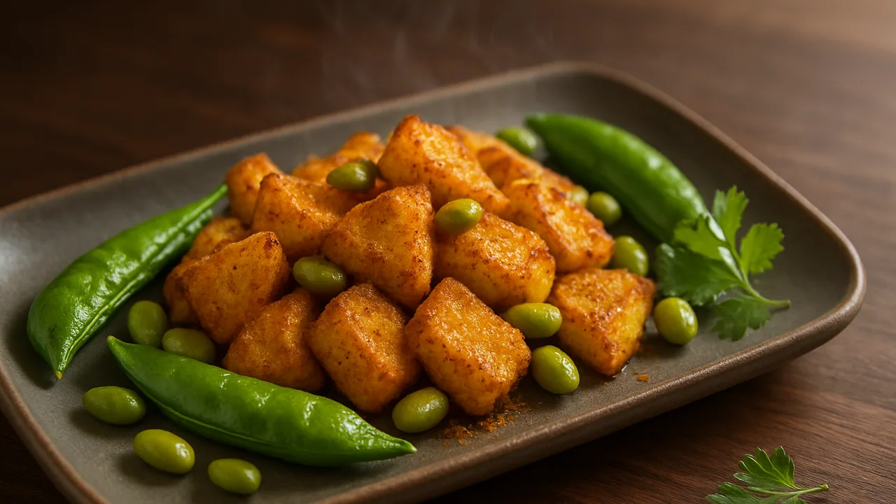 Curry-Zuckerschoten-Edamame-Röstchen aus dem Airfryer mit Zuckerschoten und Edamame, geschält, auf dunklem Walnussholz …