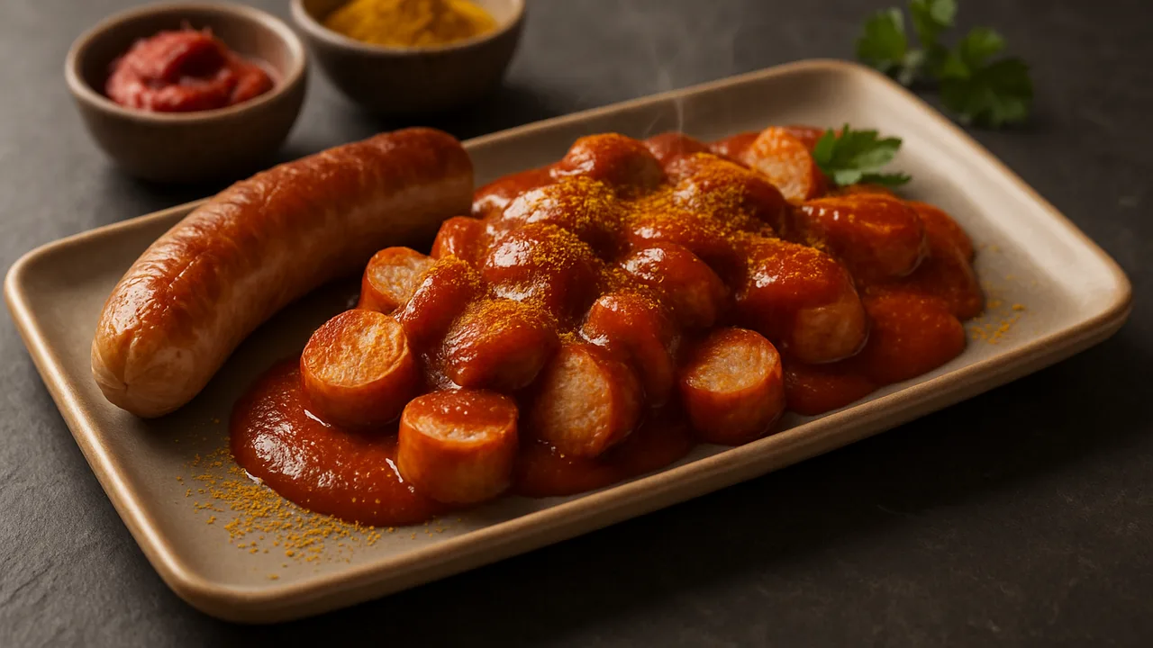 Currywurst selbst gemacht mit Currysauce aus dem Airfryer mit Bratwürste und Tomatenmark, auf dunklem Schiefer angerichtet.