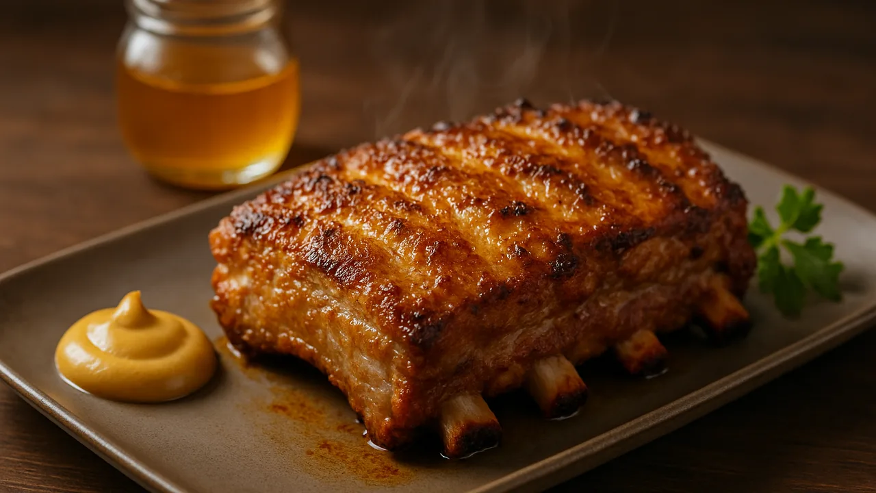 Dicke Rippe mit Senf-Honig-Marinade aus dem Airfryer mit Spareribs (Dicke Rippe) und Senf, auf dunklem Walnussholz …