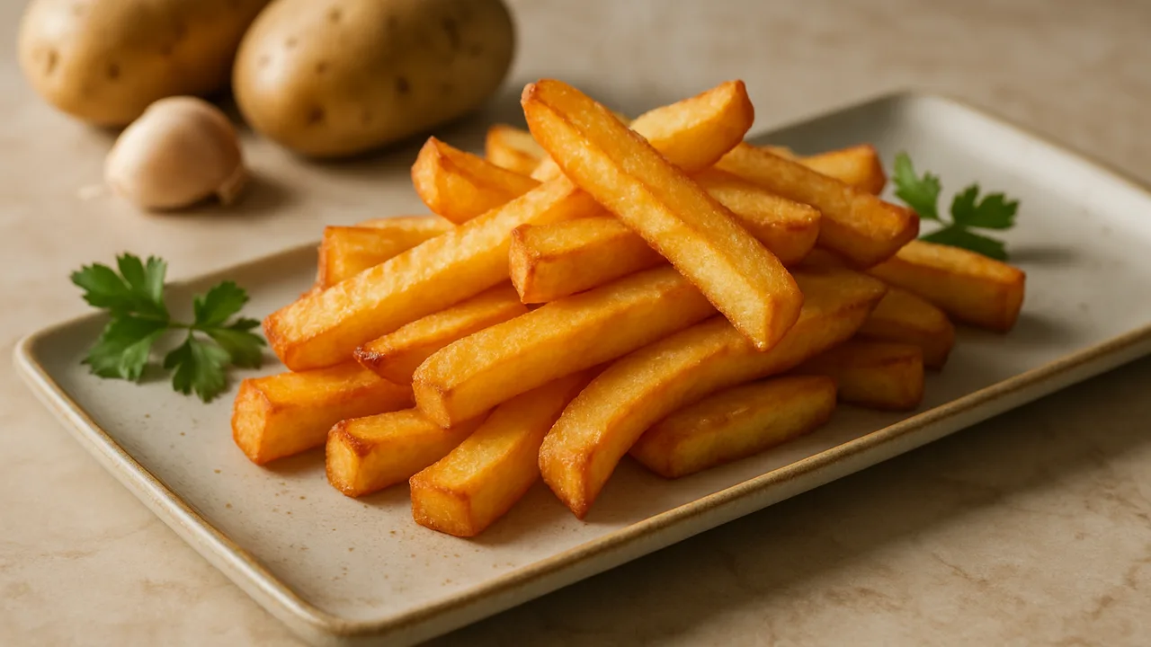 Dicke Steakhouse-Pommes aus frischen Kartoffeln aus dem Airfryer mit Kartoffeln, mehligkochend, auf beigem Marmor …