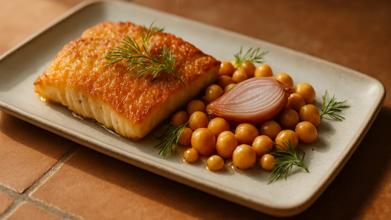 Dill-Rotbarsch mit Schalotte aus dem Airfryer mit Rotbarschfilet und Kichererbsen, auf Terracotta-Fliesen angerichtet.