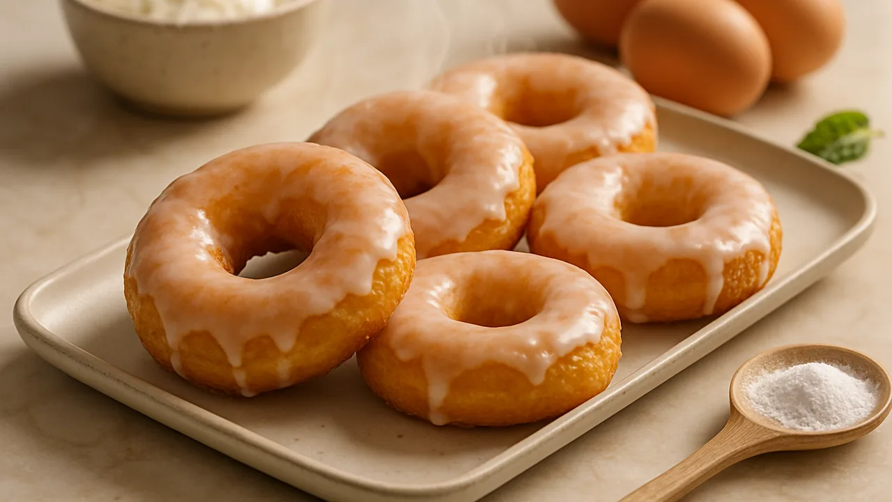 Donuts aus Quark-Öl-Teig mit Zuckerguss aus dem Airfryer mit Quark und Eier, auf beigem Marmor angerichtet.