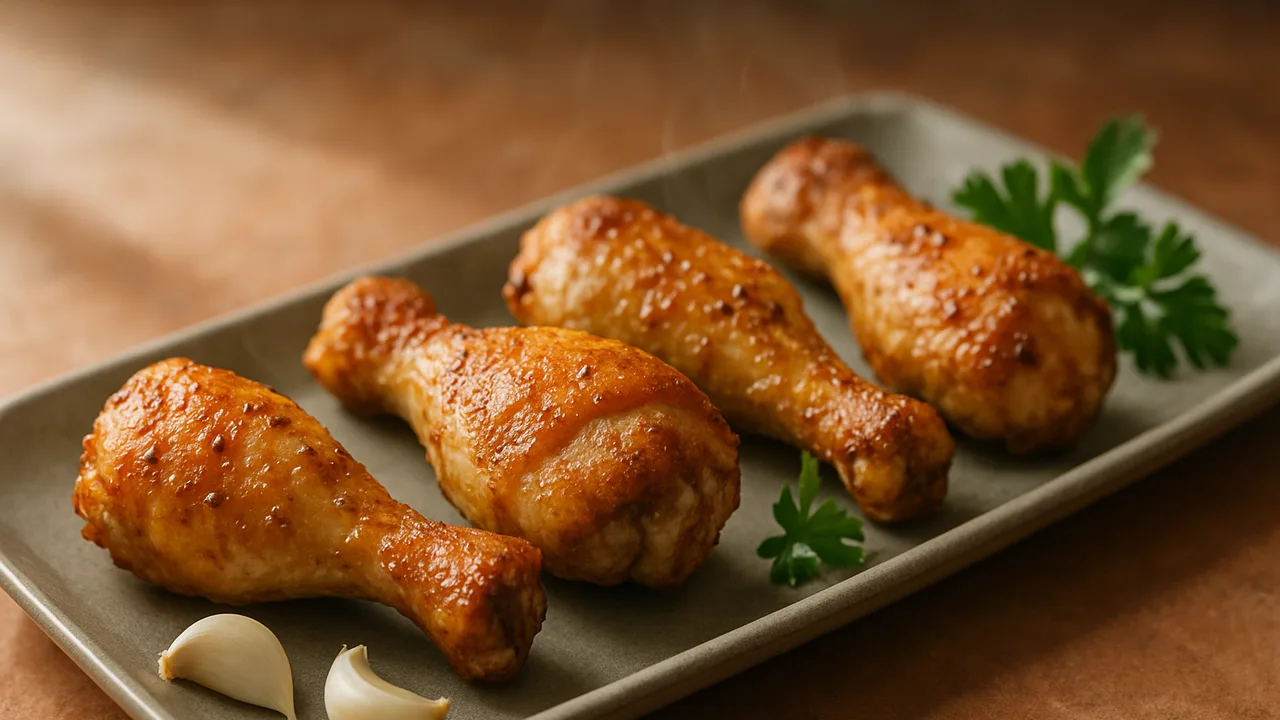 Drumsticks im Airfryer – knusprig und saftig mit Hähnchenschenkel (Drumsticks) und Knoblauchpulver, auf Terracotta-Fliesen …
