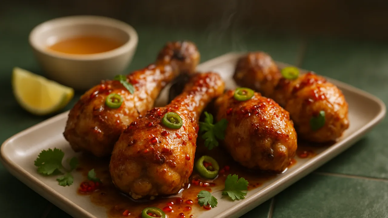Drumsticks mit süß-scharfer Chili-Glasur aus dem Airfryer mit Hähnchenschenkel (Drumsticks) und Honig, auf dunkelgrünen …