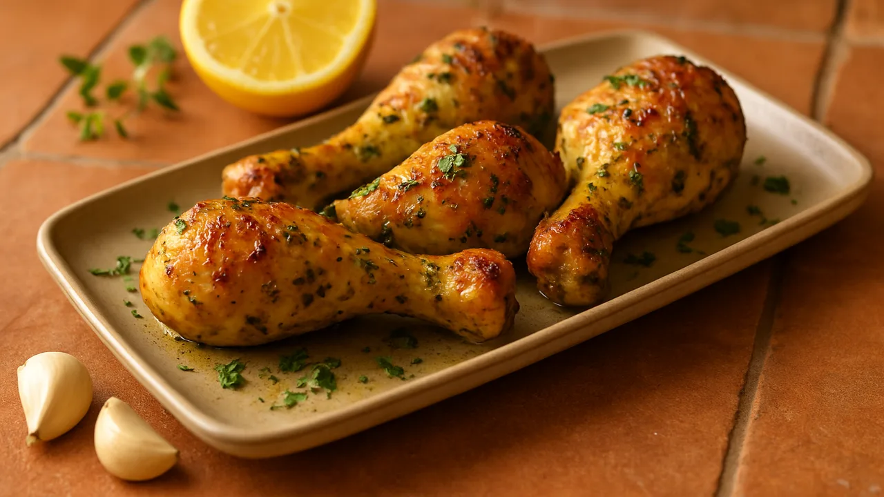 Drumsticks mit Zitronen-Kräuter-Marinade aus dem Airfryer mit Hähnchenschenkel (Drumsticks) und Bio-Zitrone, auf …