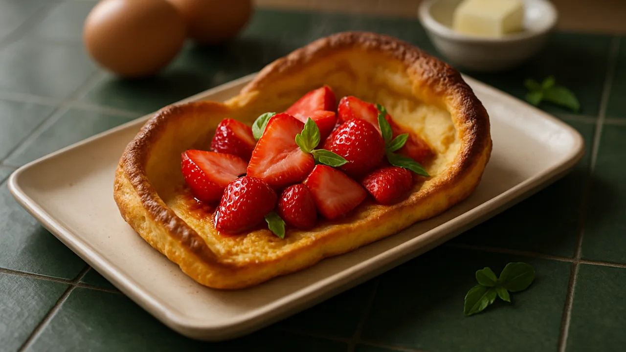 Dutch Baby Pfannkuchen mit Erdbeeren aus dem Airfryer mit Eier und Milch, auf dunkelgrünen Fliesen angerichtet.