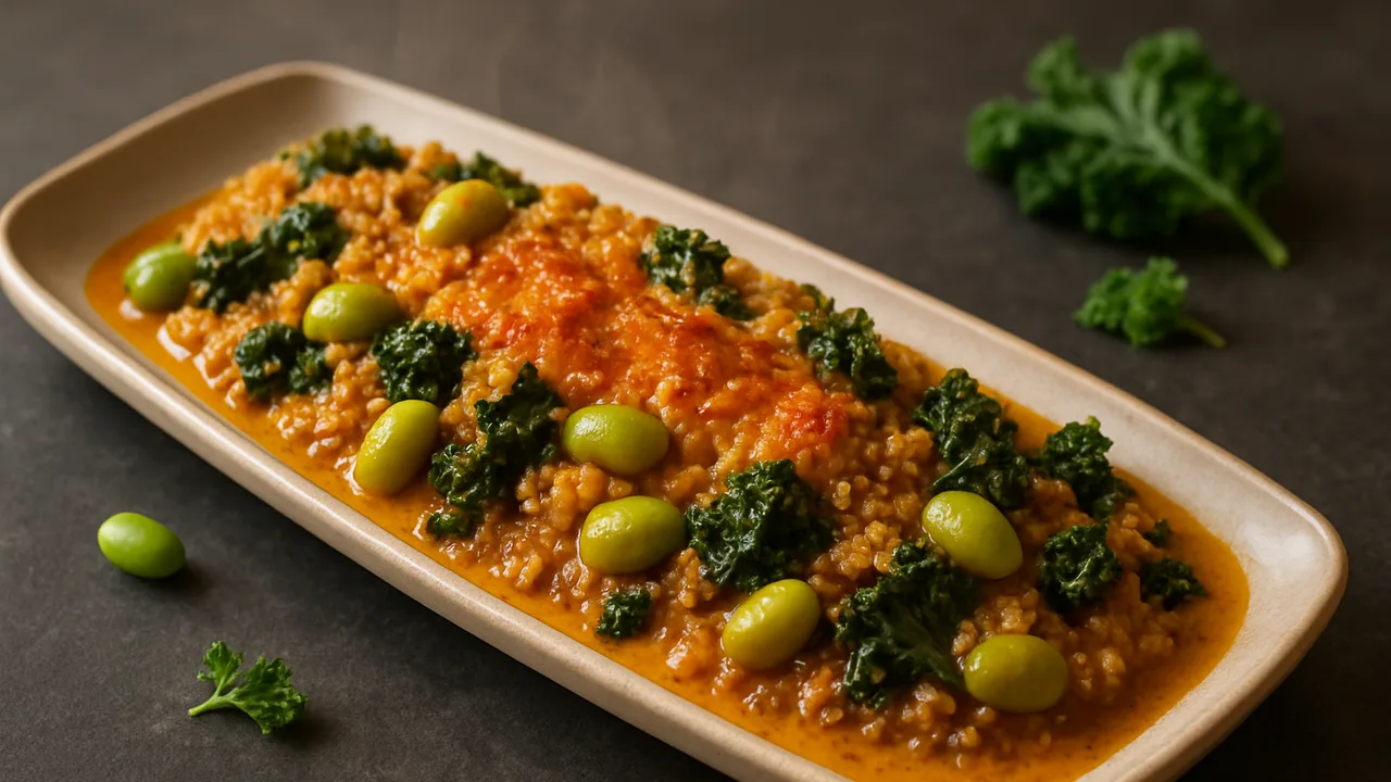 Edamame Curry mit Grünkohl und Quinoa aus dem Airfryer mit Quinoa und Gemüsebrühe, auf dunklem Schiefer angerichtet.