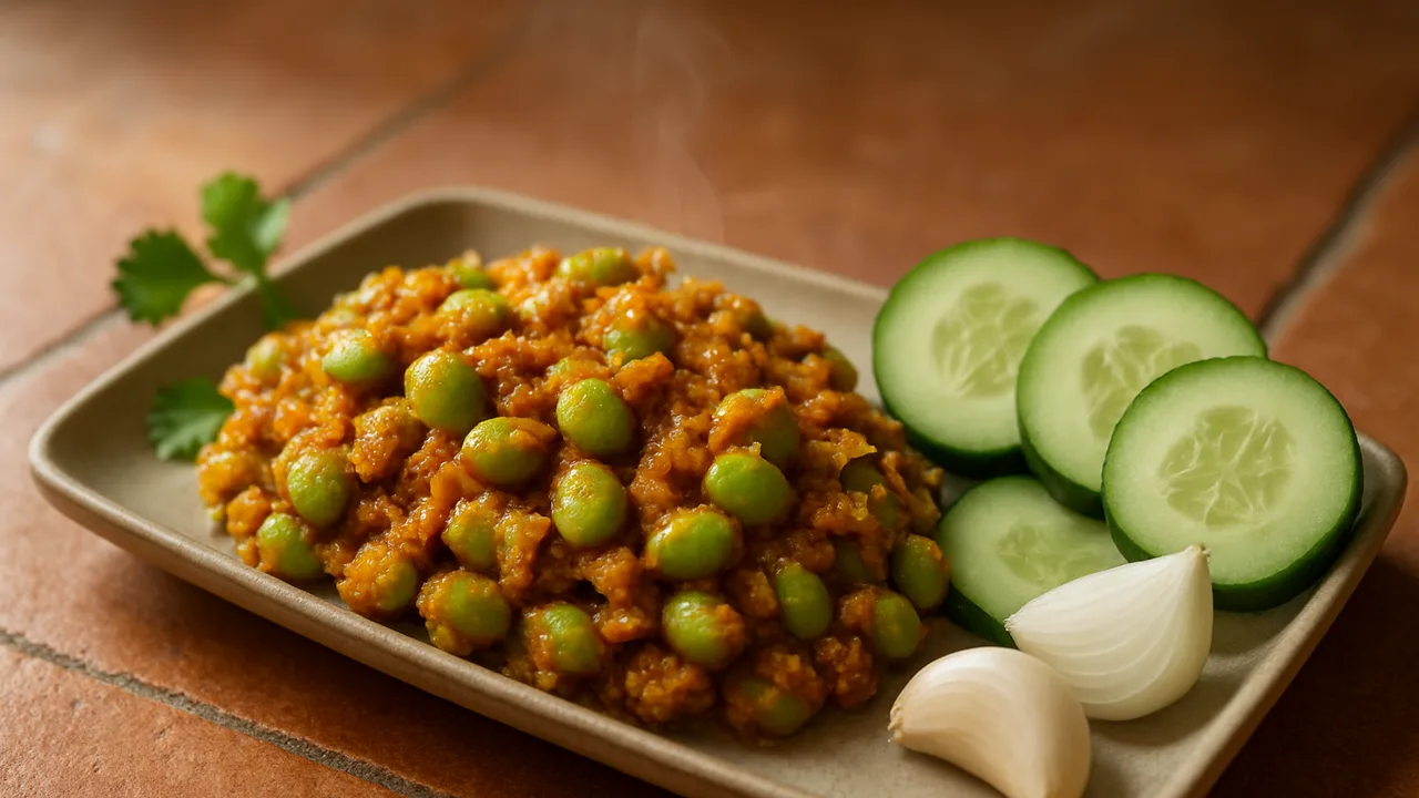 Edamame Curry mit Gurke aus dem Airfryer mit Edamame (ohne Schale) und Zwiebel, auf Terracotta-Fliesen angerichtet.