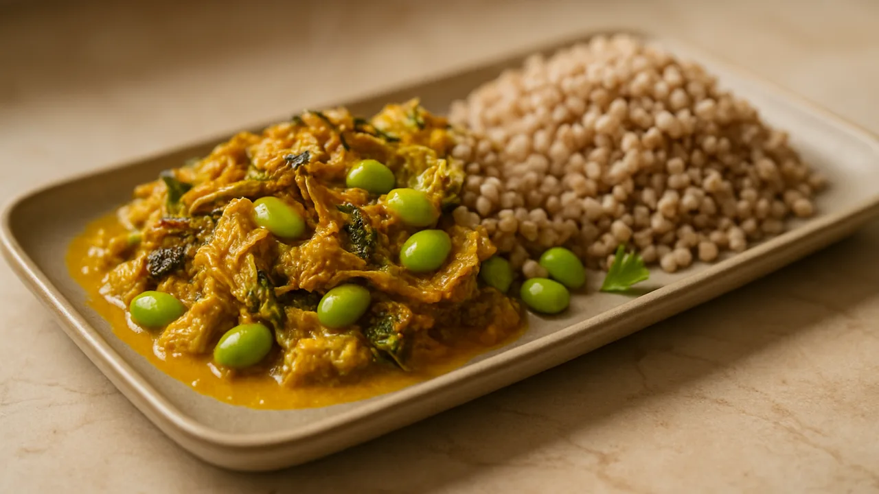 Edamame Curry mit Wirsing und Buchweizen aus dem Airfryer mit Edamame und Wirsing, auf beigem Marmor angerichtet.