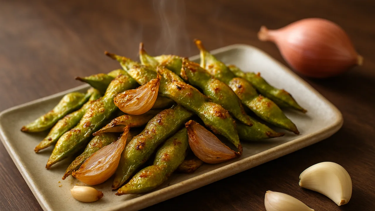 International Edamame mit Schalotte aus dem Airfryer mit Edamame und Schalotten, auf dunklem Walnussholz angerichtet.