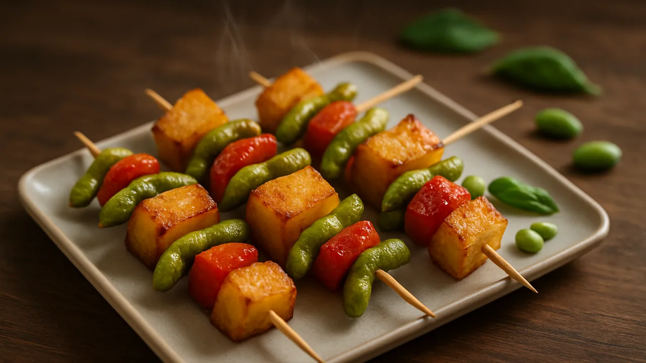 Edamame-Spieße mit Kartoffel aus dem Airfryer mit Edamame und Kartoffeln, auf dunklem Walnussholz angerichtet.