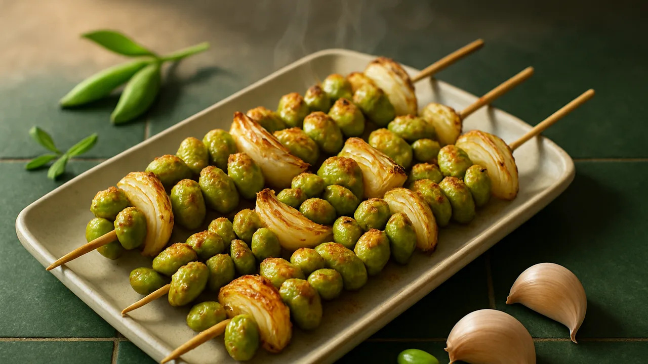 Edamame-Spieße mit Zwiebel aus dem Airfryer mit Edamame (ohne Schale) und Zwiebeln, auf dunkelgrünen Fliesen angerichtet.
