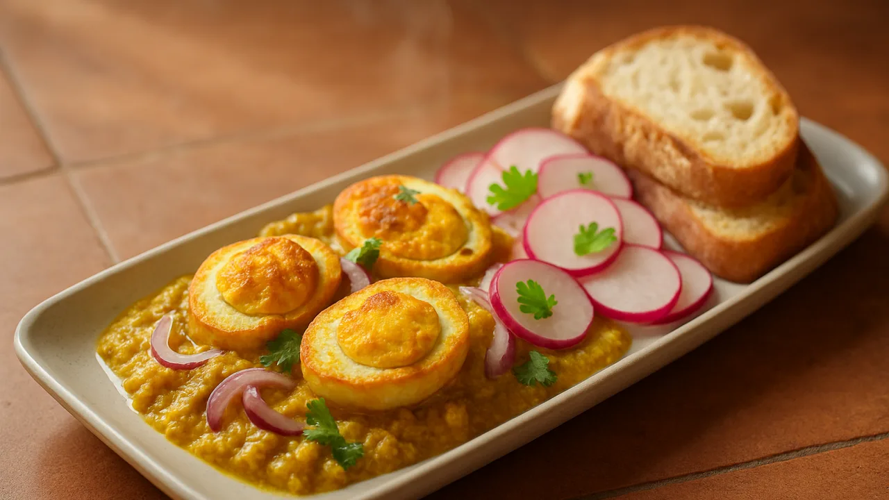 Ei-Curry mit Radieschen und Baguette aus dem Airfryer mit Eier und Radieschen, auf Terracotta-Fliesen angerichtet.
