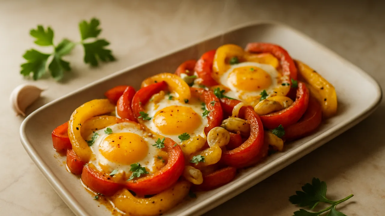 Griechische Ei-Paprika-Pfanne aus dem Airfryer mit Paprika und Zwiebel, auf beigem Marmor angerichtet.