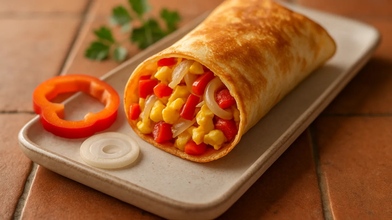 Ei-Paprika Wrap aus dem Airfryer mit Eier und Paprika, auf Terracotta-Fliesen angerichtet.