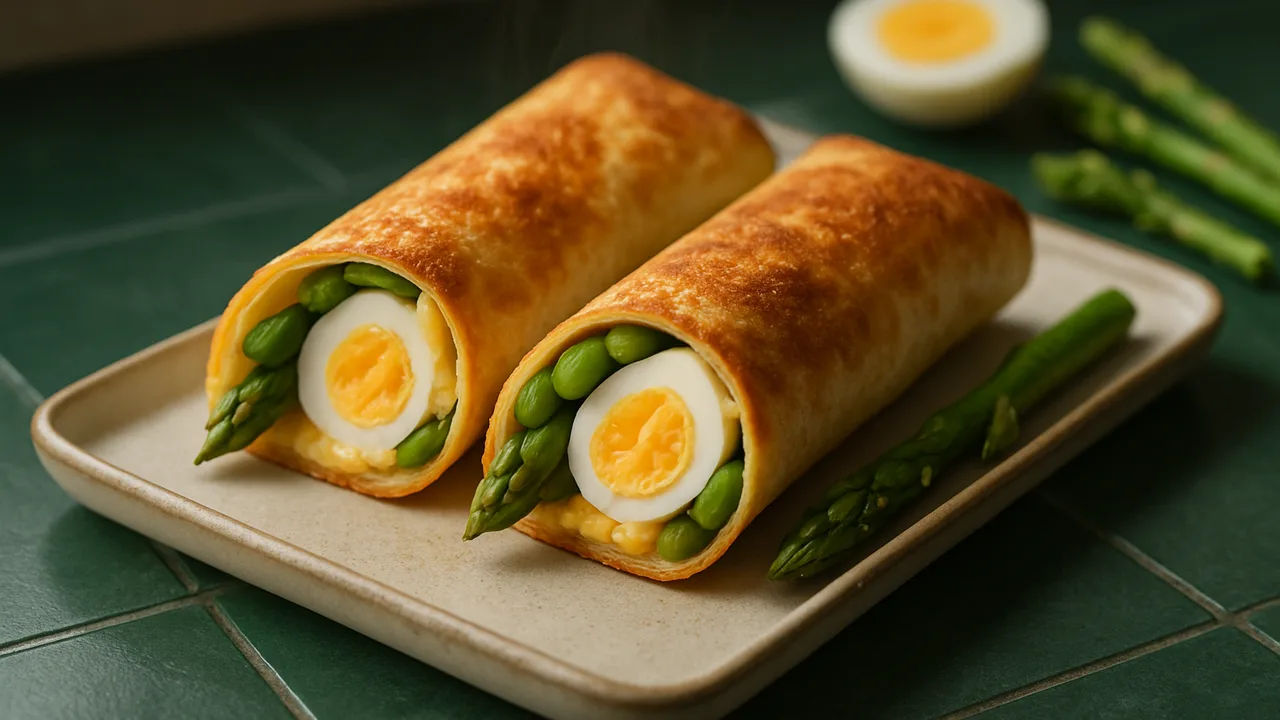 Ei-Spargel Wrap aus dem Airfryer mit Tortilla-Wraps und Eier, auf dunkelgrünen Fliesen angerichtet.