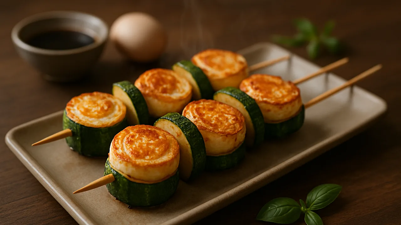 Ei-Spieße mit Zucchini aus dem Airfryer mit Eier und Zucchini, auf dunklem Walnussholz angerichtet.