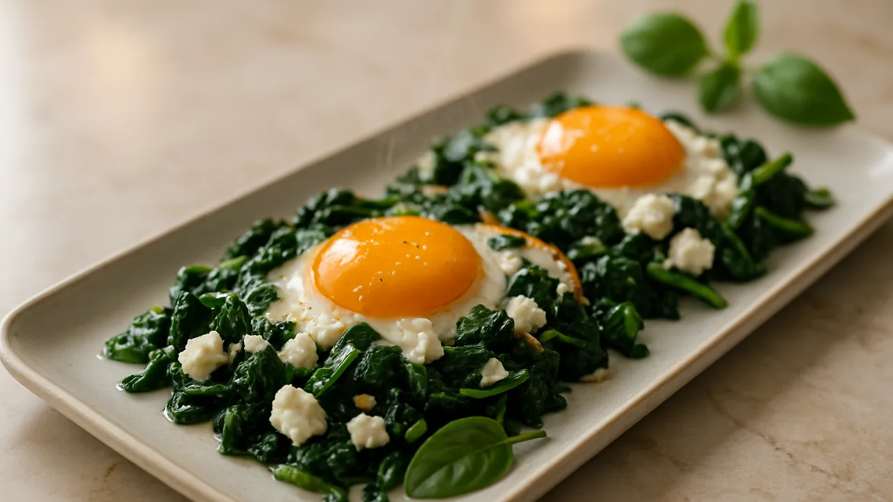 Ei-Spinat-Pfanne aus dem Airfryer mit Eier und Blattspinat, auf beigem Marmor angerichtet.