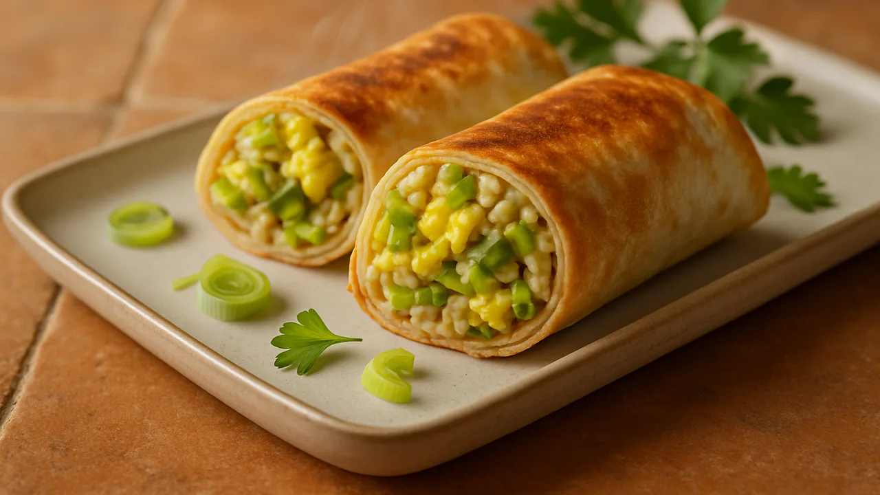 Ei Wrap mit Lauch und Bulgur aus dem Airfryer mit Tortilla-Wraps und Eier, auf Terracotta-Fliesen angerichtet.