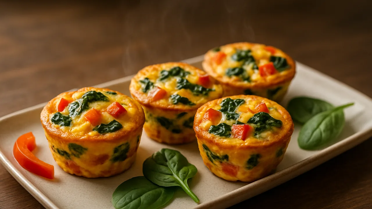 Eier-Muffins mit Gemüse zum Mitnehmen aus dem Airfryer mit Eier und Paprika, auf dunklem Walnussholz angerichtet.