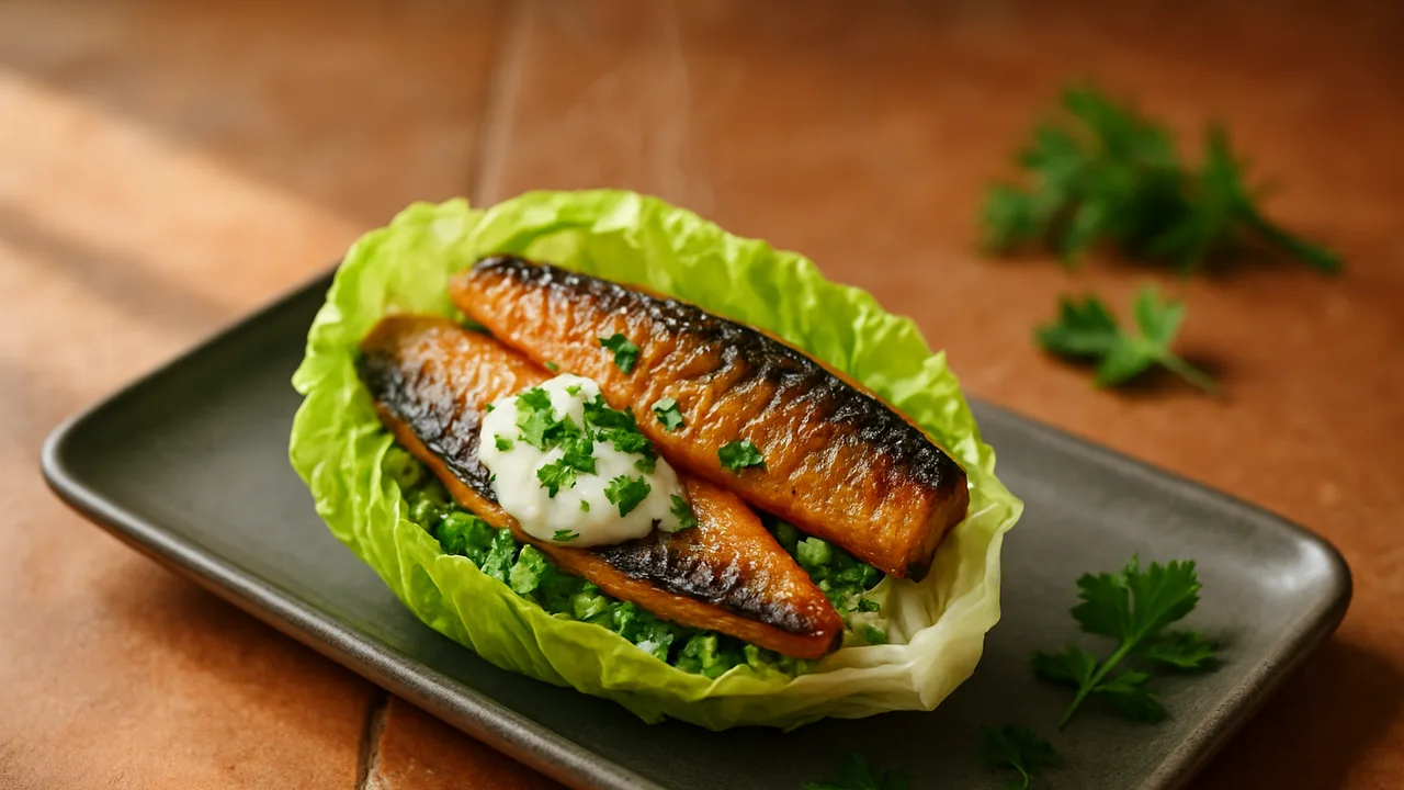 Eisbergsalat gefüllt mit Makrele und Kräutern aus dem Airfryer mit Makrelenfilets und Eisbergsalat, auf Terracotta-Fliesen …