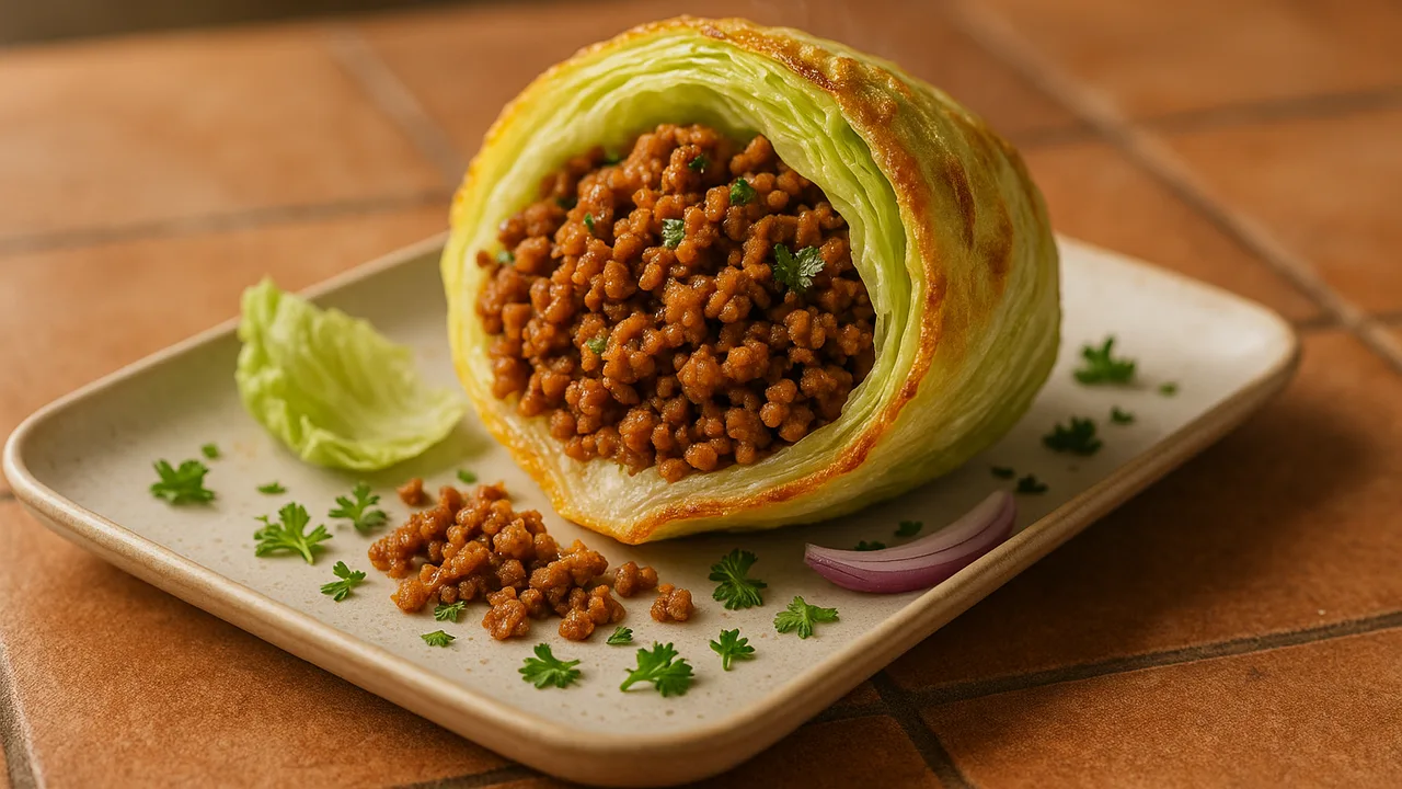 Eisbergsalat gefüllt mit Veggie-Hack und Kräutern aus dem Airfryer mit Eisbergsalat und Veggie-Hack, auf Terracotta-Fliesen …