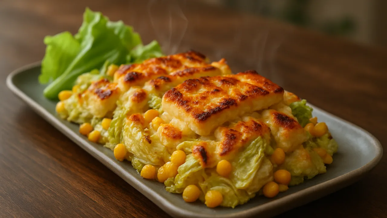 Eisbergsalat-Halloumi-Auflauf aus dem Airfryer mit Eisbergsalat und Halloumi, auf dunklem Walnussholz angerichtet.