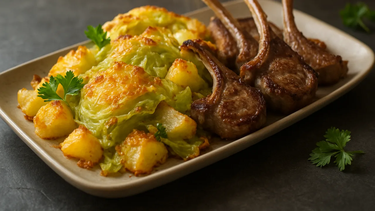 Eisbergsalat-Lammkotelett-Auflauf aus dem Airfryer mit Lammkoteletts und Kartoffeln, auf dunklem Schiefer angerichtet.