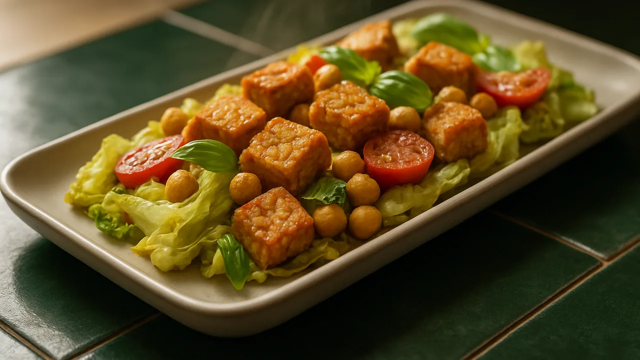 Eisbergsalat-Tempeh-Auflauf aus dem Airfryer mit Tempeh und Kichererbsen, auf dunkelgrünen Fliesen angerichtet.