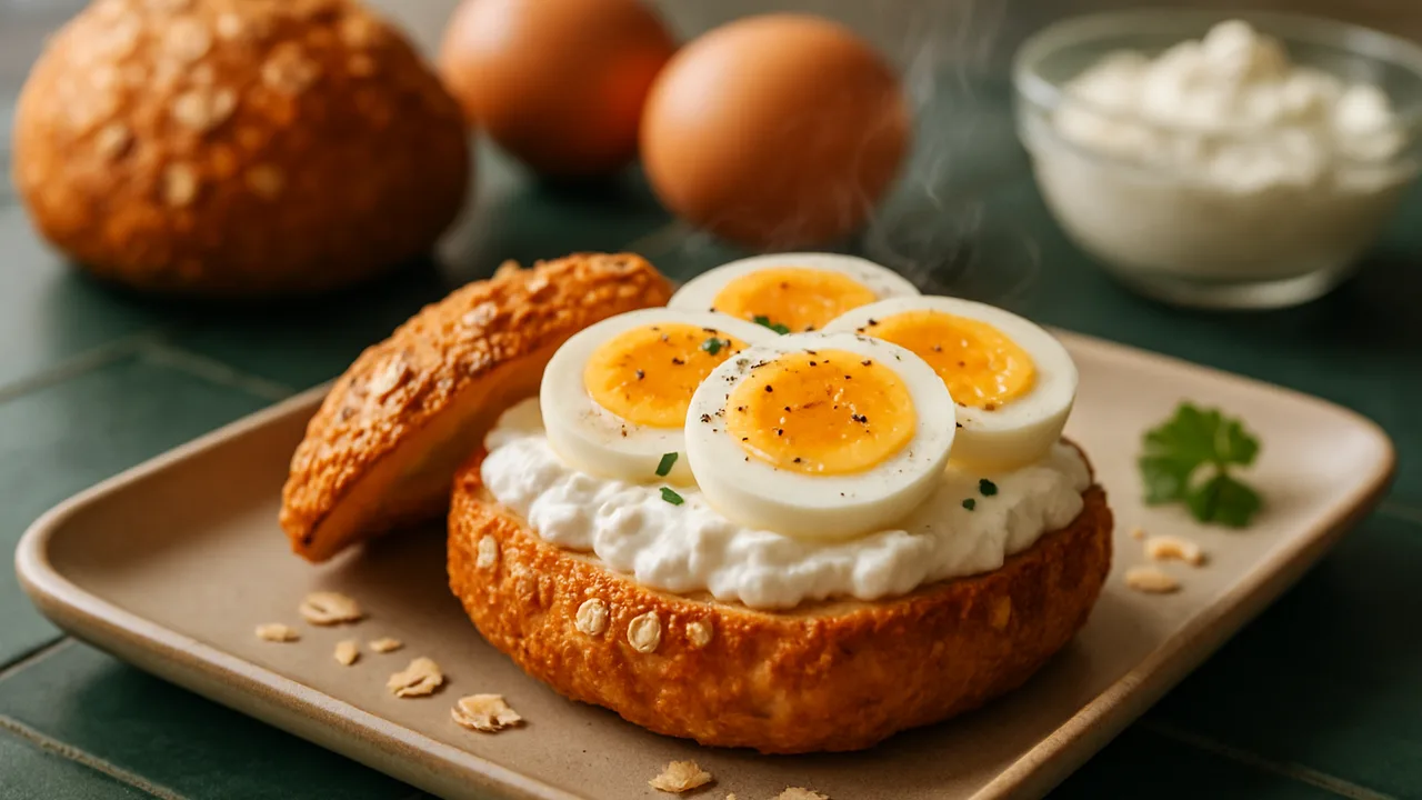 Eiweißbrötchen mit Quark und Ei aus dem Airfryer mit Magerquark und Eier, auf dunkelgrünen Fliesen angerichtet.