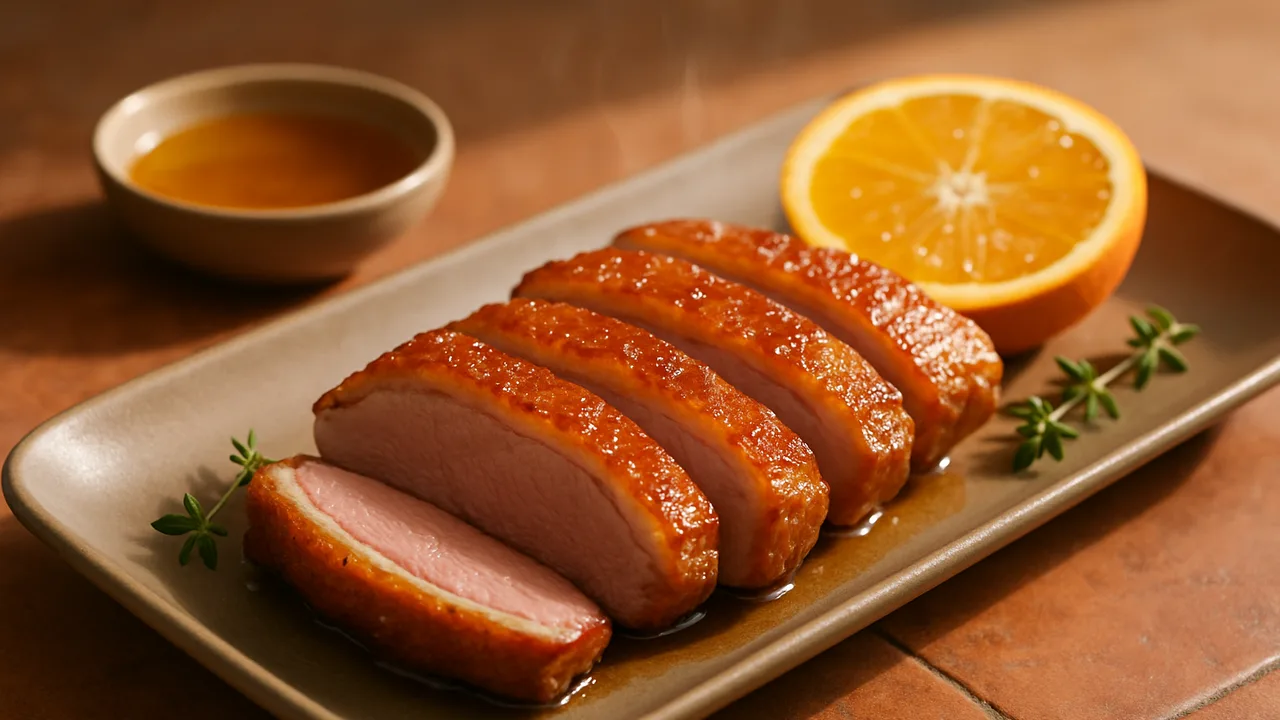 Entenbrust mit Honig-Orangen-Glasur aus dem Airfryer mit Entenbrustfilets und Honig, auf Terracotta-Fliesen angerichtet.