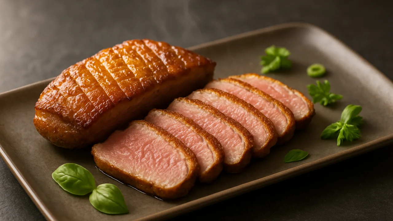 Entenbrust rosa gebraten aus dem Airfryer mit Entenbrust, auf dunklem Schiefer angerichtet.