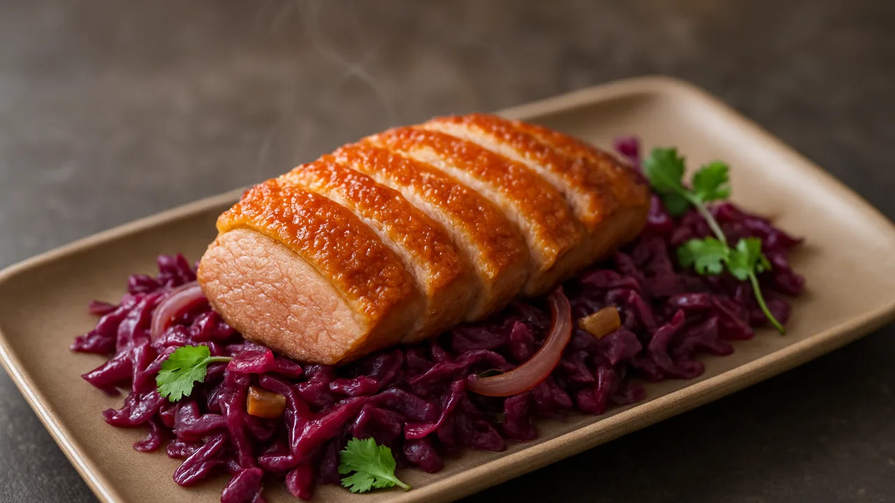 Mexikanische Entenbrust-Rotkohl-Pfanne aus dem Airfryer mit Entenbrust und Rotkohl, auf dunklem Schiefer angerichtet.