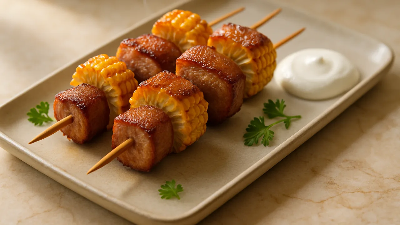 Entenbrust-Spieße mit Mais aus dem Airfryer mit Entenbrust und Maiskolben, auf beigem Marmor angerichtet.