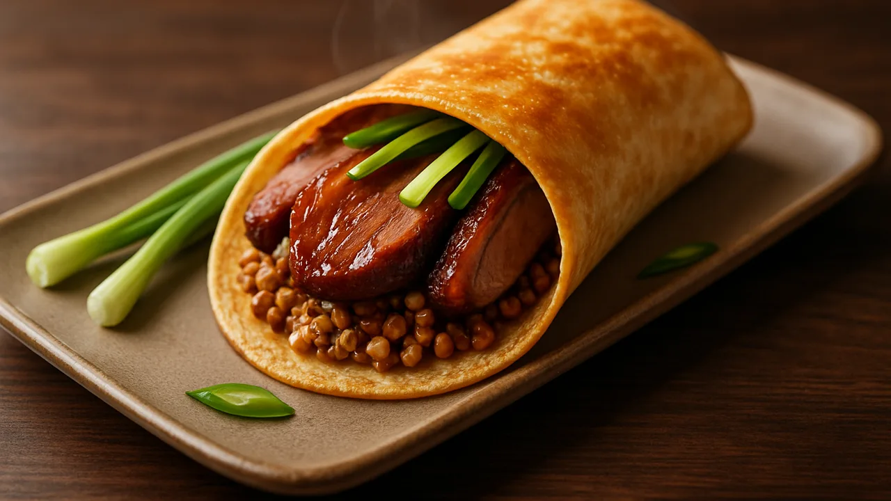Entenbrust Wrap mit Frühlingszwiebel und Buchweizen aus dem Airfryer mit Entenbrust und Sojasauce, auf dunklem Walnussholz …