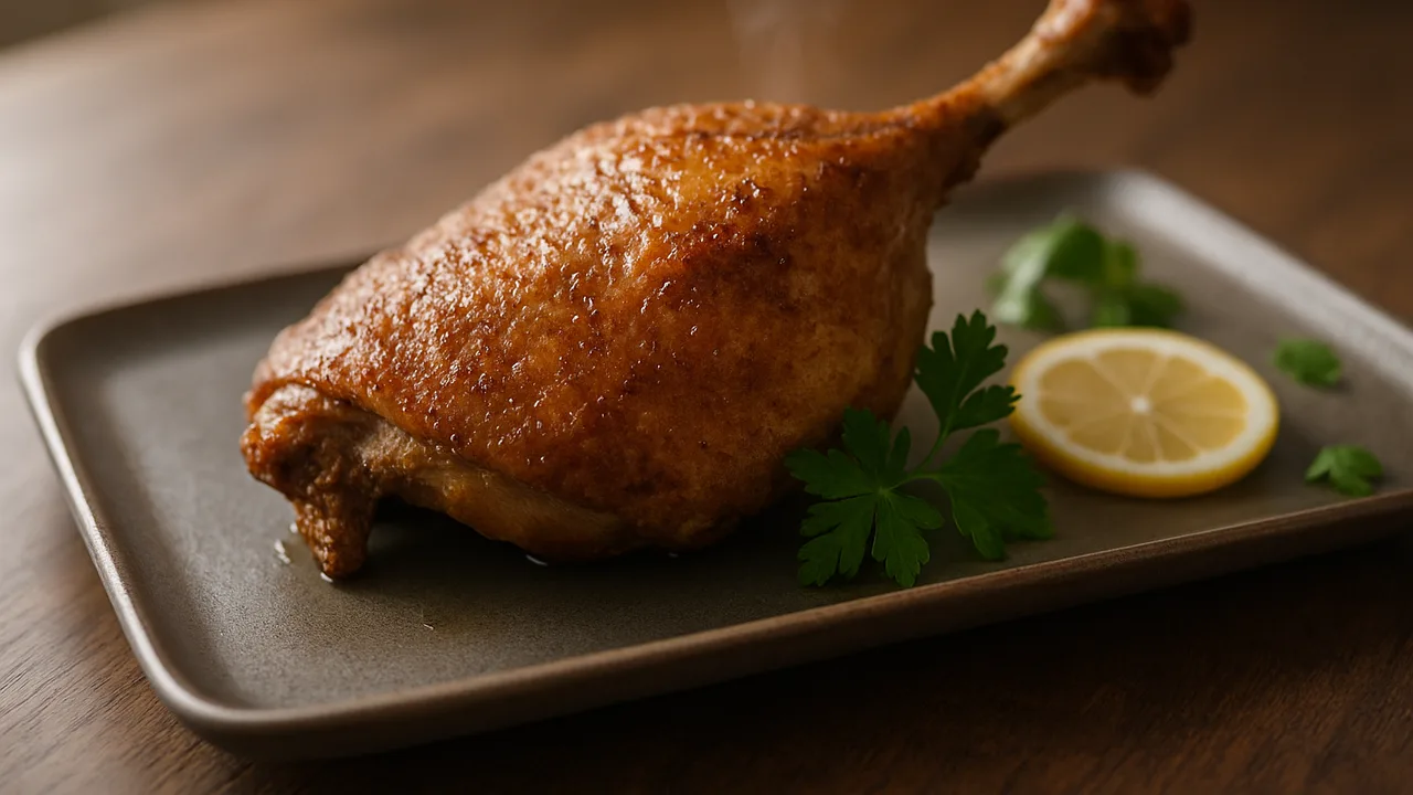 Entenkeule knusprig aus dem Airfryer mit Entenkeule, auf dunklem Walnussholz angerichtet.
