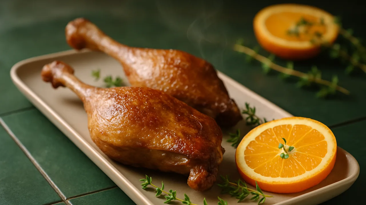 Entenkeule mit Orange und Thymian aus dem Airfryer mit Entenkeulen und Orange, auf dunkelgrünen Fliesen angerichtet.