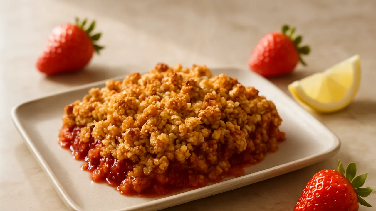 Erdbeer-Crumble aus dem Airfryer mit Erdbeeren und Zitronensaft, auf beigem Marmor angerichtet.