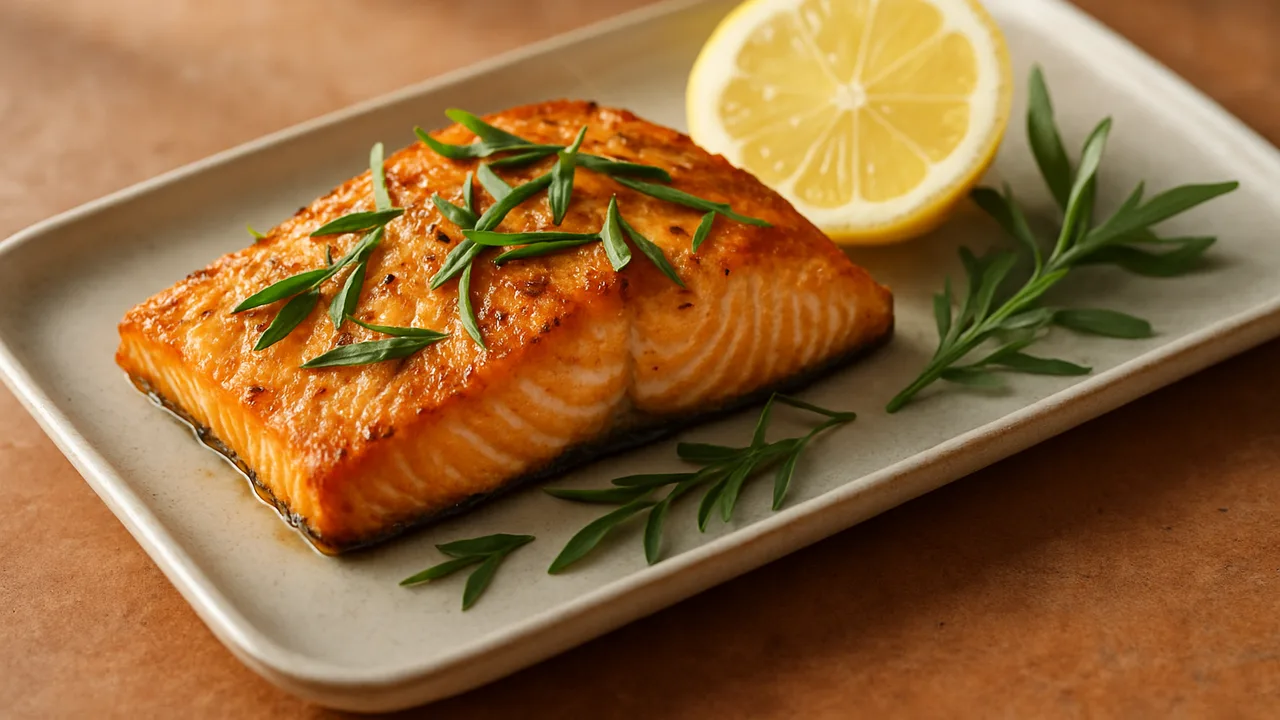 Estragon-Lachs mit Zitrone aus dem Airfryer mit Lachsfilet und Zitrone, auf Terracotta-Fliesen angerichtet.