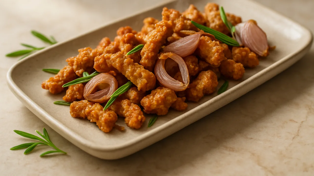 Estragon-Sojaschnetzel mit Schalotte aus dem Airfryer mit Sojaschnetzel und Gemüsebrühe, auf beigem Marmor angerichtet.