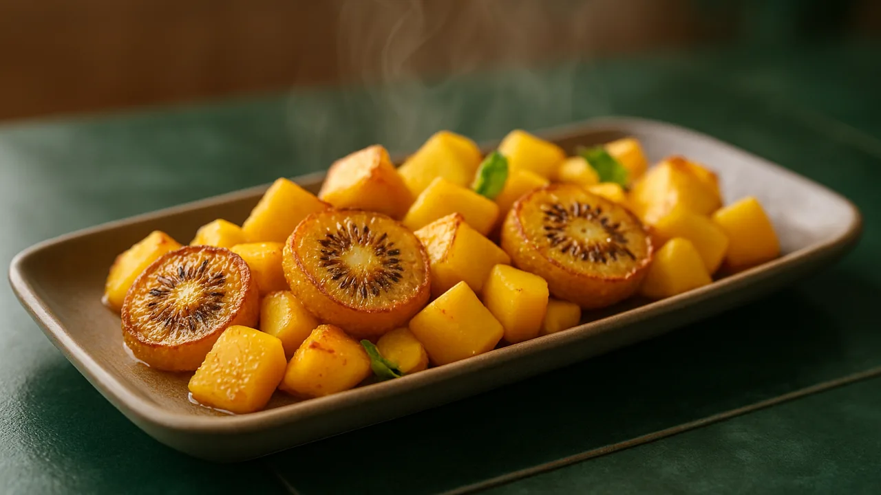 Exotischer Obstsalat mit gerösteter Kiwi aus dem Airfryer mit Kiwi und Ananas, auf dunkelgrünen Fliesen angerichtet.