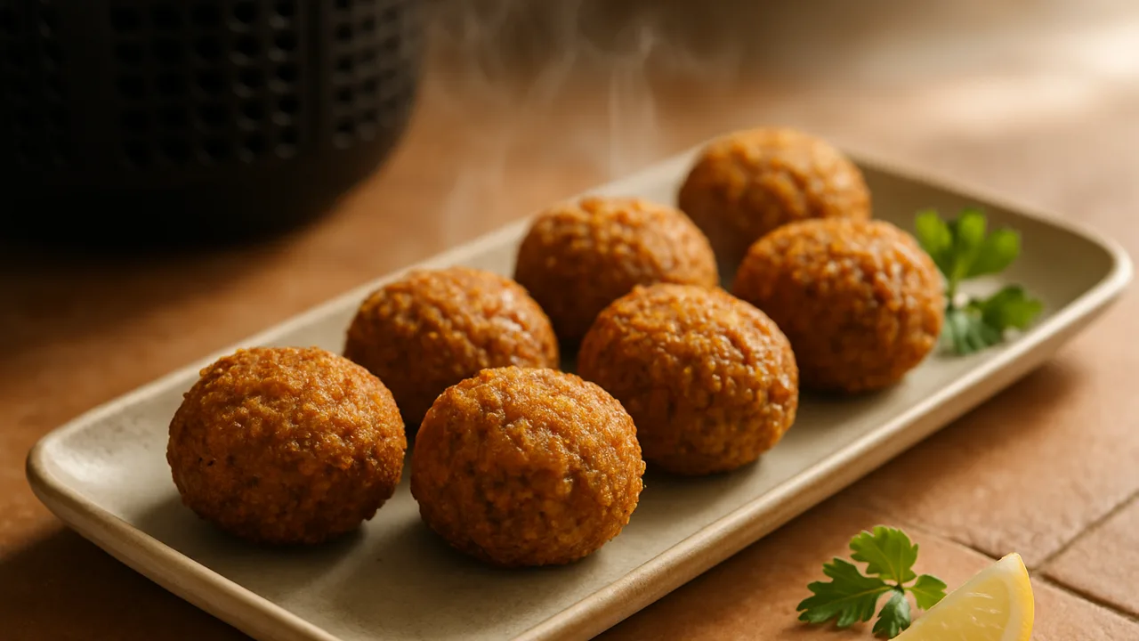 Falafel aus dem Airfryer – TK knusprig mit TK-Falafel, auf Terracotta-Fliesen angerichtet.