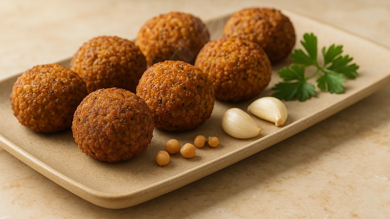 Falafel aus dem Airfryer mit Kichererbsen und Knoblauchzehen, auf beigem Marmor angerichtet.