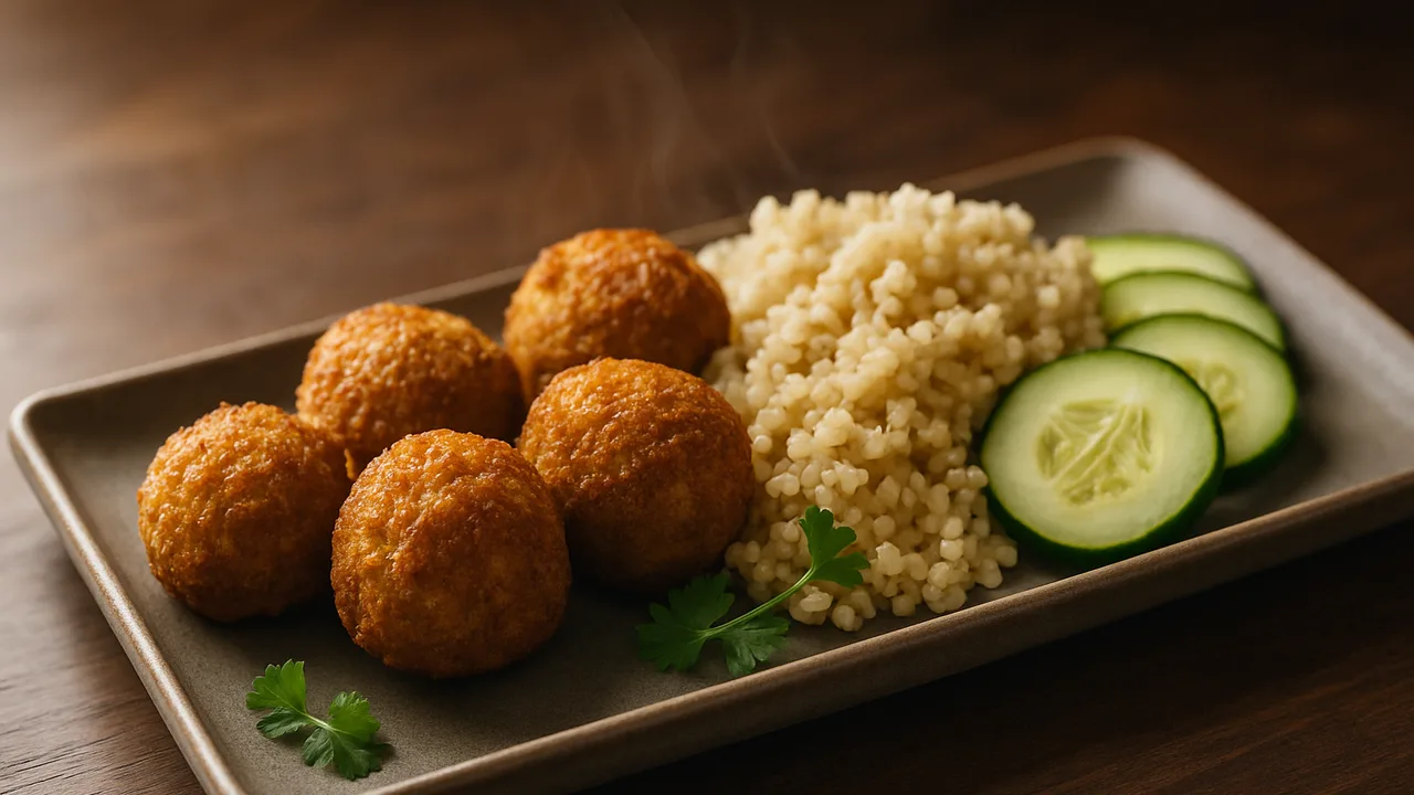 Falafel-Bowl mit Quinoa und Gurke aus dem Airfryer mit Falafel (tiefgekühlt) und Quinoa, auf dunklem Walnussholz angerichtet.