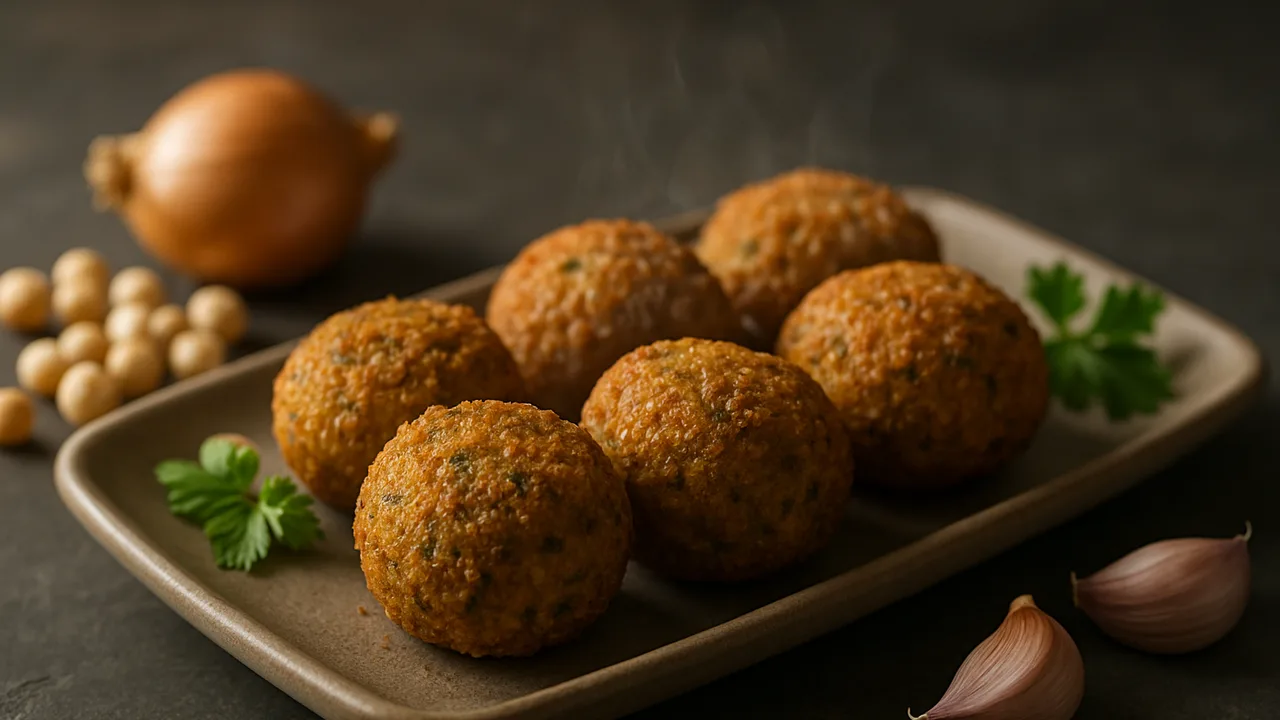 Falafel selbst gemacht aus Kichererbsen aus dem Airfryer mit Kichererbsen, getrocknet und Zwiebel, auf dunklem Schiefer …